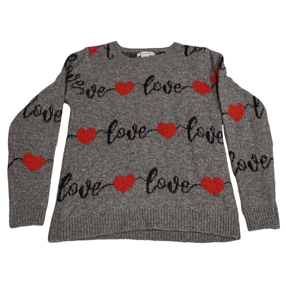 Cupcakes & Cashmere Gray Sweater Red Hearts & Love Script Pattern XS Acrylic Ble